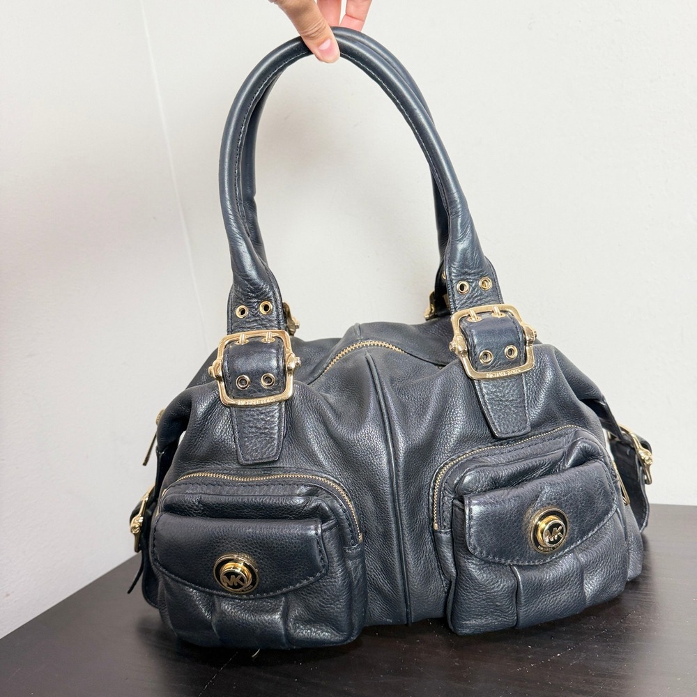 VTG Y2K Michael Kors Black Pebbled Leather Shoulder Satchel Bag Buckle Cargo